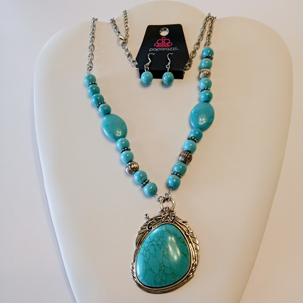 Paparazzi 20" Long Statement Pc. Blue and Silver Beaded Necklace Set Adj. Claw